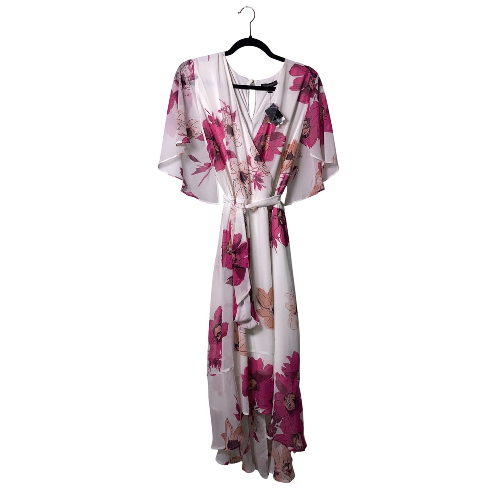 Lane Bryant Pink Floral Chiffon Flutter Sleeve High Low Dress 16 Flowy Party